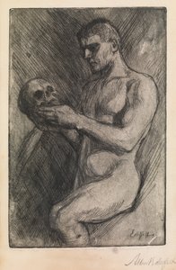 Hombre desnudo y calavera
